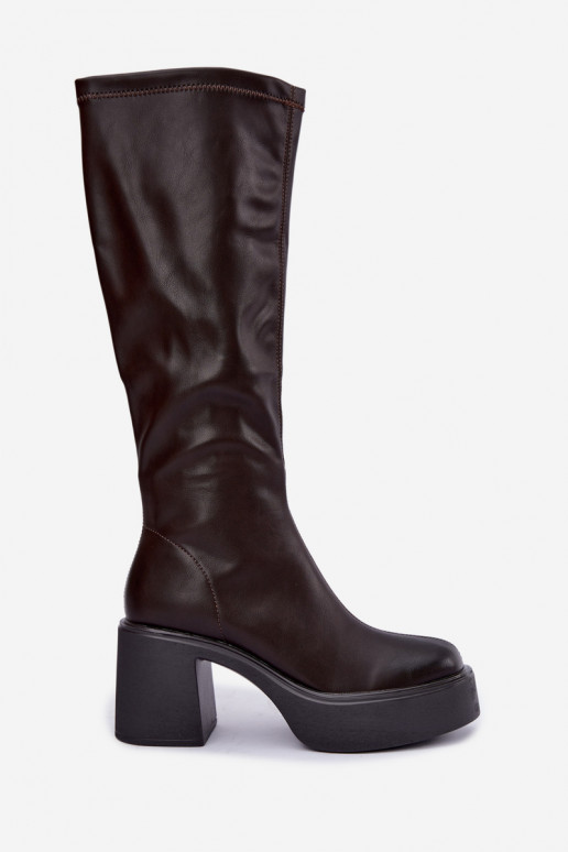 Stivali alti da donna con piattaforma e tacco in pelle sintetica color cioccolato Nesalie