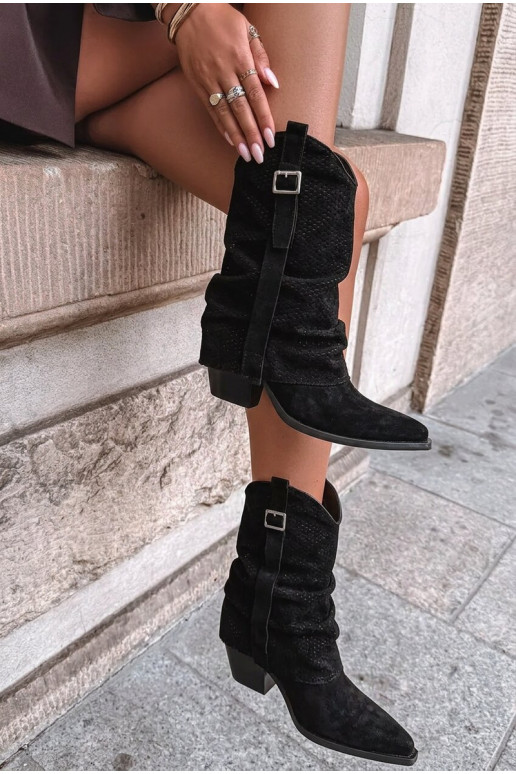 Stivali neri alti in stile cowboy con punta affilata e tacchi Calenne