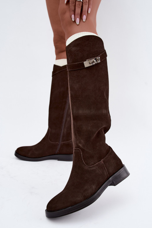 Stivali sopra il ginocchio in suede color cioccolato con cinturini decorativi Clarimond