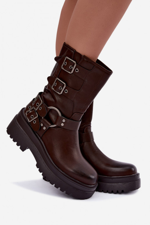 Stivaletti caldi con piattaforma e fibbie color cioccolato Gilmora
