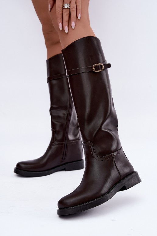 Stivali alti da donna con tacchi larghi e cinturini con fibbie color cioccolato Sylvena