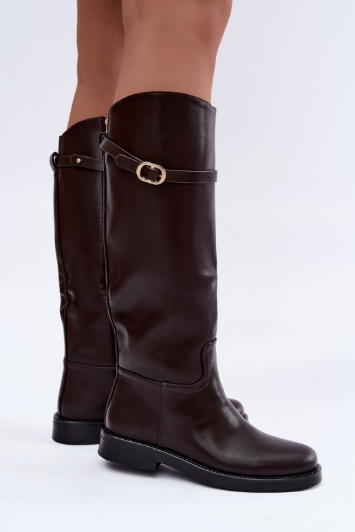 Stivali alti da donna con tacchi larghi e cinturini con fibbie color cioccolato Sylvena