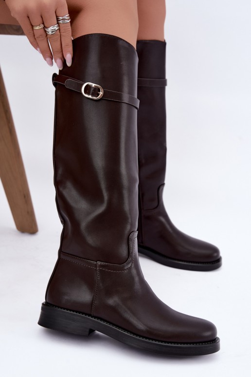Stivali alti da donna con tacchi larghi e cinturini con fibbie color cioccolato Sylvena
