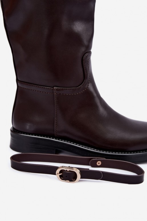 Stivali alti da donna con tacchi larghi e cinturini con fibbie color cioccolato Sylvena
