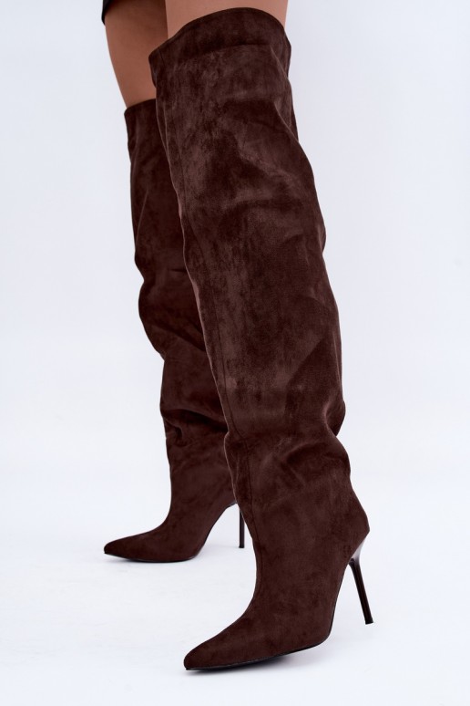 Stivali alti da donna con tacchi sottili color marrone Aderelle