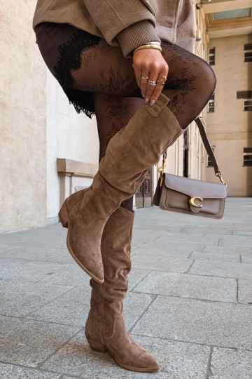 Stivali alti caldi e stropicciati in stile cowboy in suede sintetico marrone Zazoo 4313