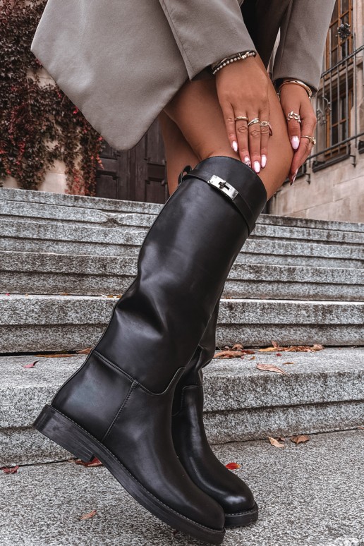 stivali alti da donna con tacchi decorati in pelle sintetica nera Palisse
