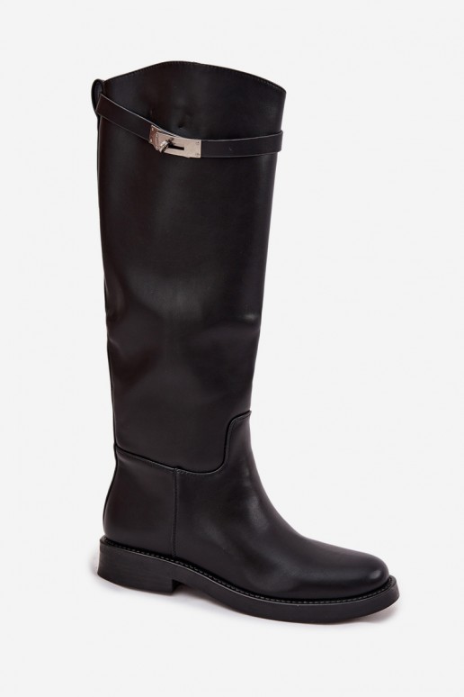 stivali alti da donna con tacchi decorati in pelle sintetica nera Palisse