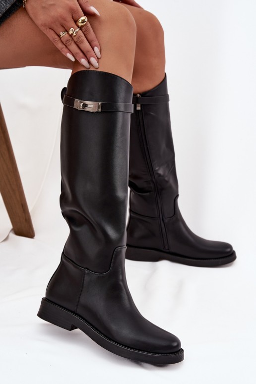 stivali alti da donna con tacchi decorati in pelle sintetica nera Palisse