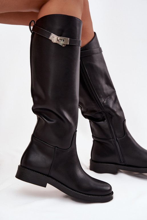 stivali alti da donna con tacchi decorati in pelle sintetica nera Palisse
