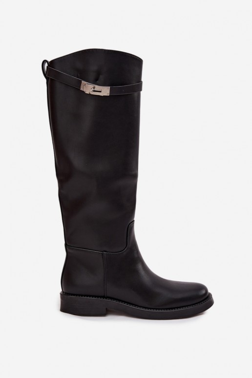 stivali alti da donna con tacchi decorati in pelle sintetica nera Palisse