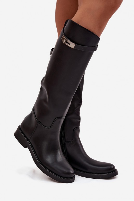 stivali alti da donna con tacchi decorati in pelle sintetica nera Palisse