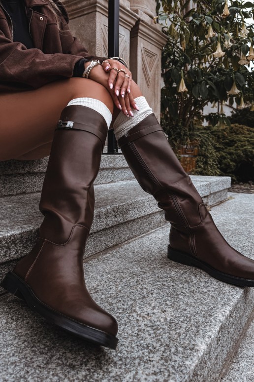 stivali alti da donna con tacchi decorati in pelle sintetica marrone Palisse