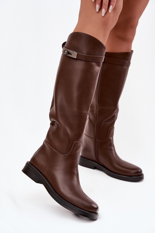 stivali alti da donna con tacchi decorati in pelle sintetica marrone Palisse