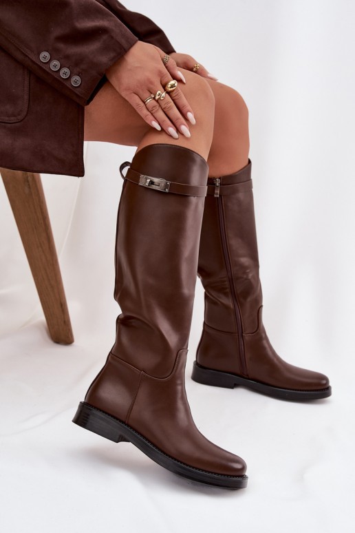 stivali alti da donna con tacchi decorati in pelle sintetica marrone Palisse