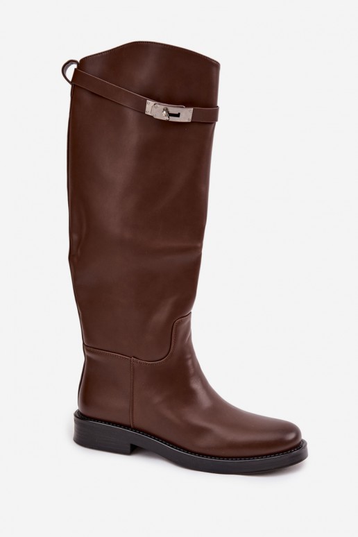 stivali alti da donna con tacchi decorati in pelle sintetica marrone Palisse