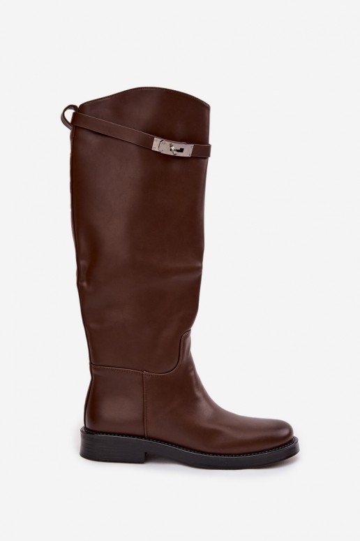 stivali alti da donna con tacchi decorati in pelle sintetica marrone Palisse