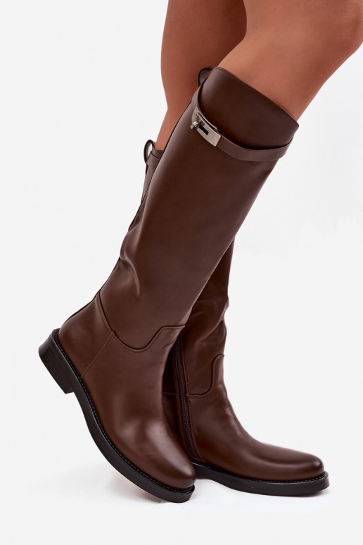stivali alti da donna con tacchi decorati in pelle sintetica marrone Palisse
