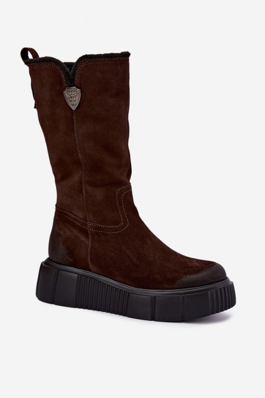 stivali alti da donna in suede sintetico marrone con lana Zazoo