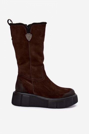 stivali alti da donna in suede sintetico marrone con lana Zazoo 2