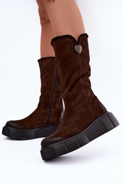 stivali alti da donna in suede sintetico marrone con lana Zazoo