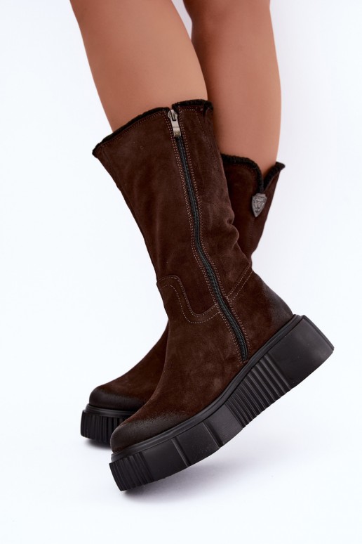stivali alti da donna in suede sintetico marrone con lana Zazoo