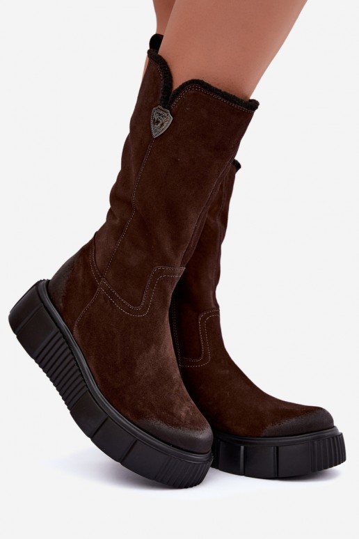 stivali alti da donna in suede sintetico marrone con lana Zazoo