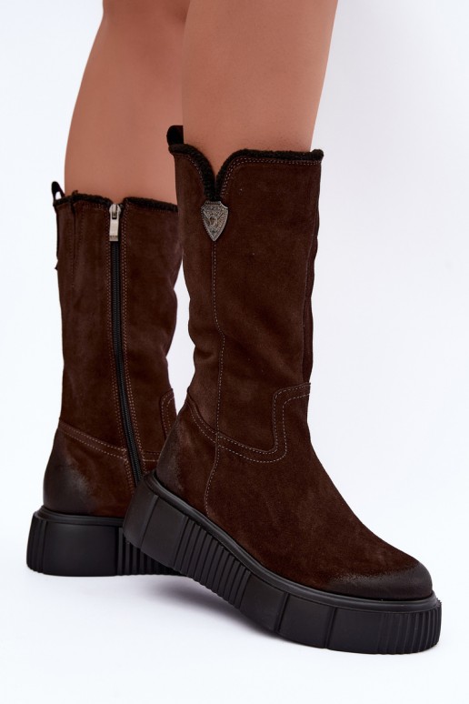 stivali alti da donna in suede sintetico marrone con lana Zazoo