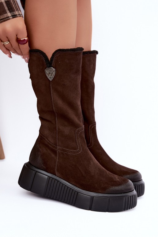 stivali alti da donna in suede sintetico marrone con lana Zazoo