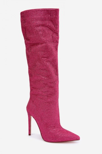 stivali alti con tacchi sottili e occhielli scintillanti in colore rosa Lovisa