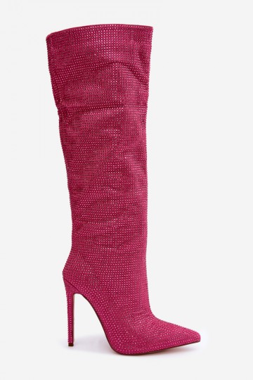 stivali alti con tacchi sottili e occhielli scintillanti in colore rosa Lovisa 2