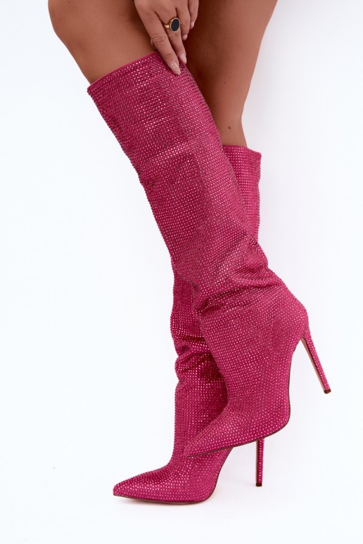 stivali alti con tacchi sottili e occhielli scintillanti in colore rosa Lovisa