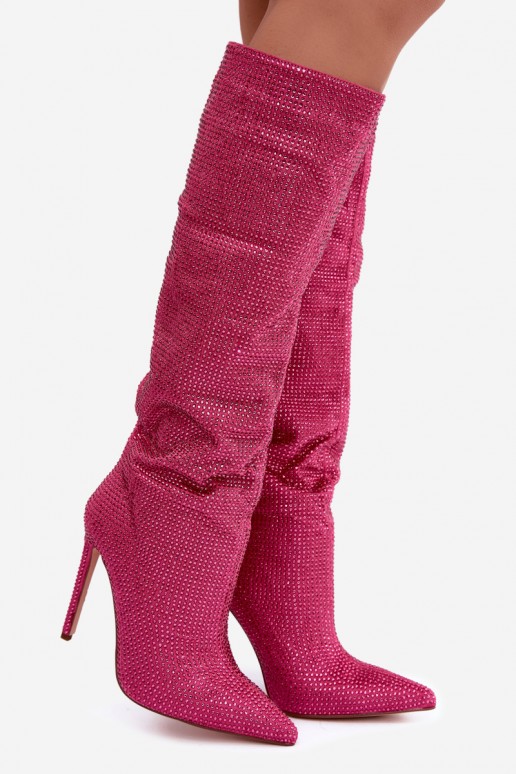 stivali alti con tacchi sottili e occhielli scintillanti in colore rosa Lovisa