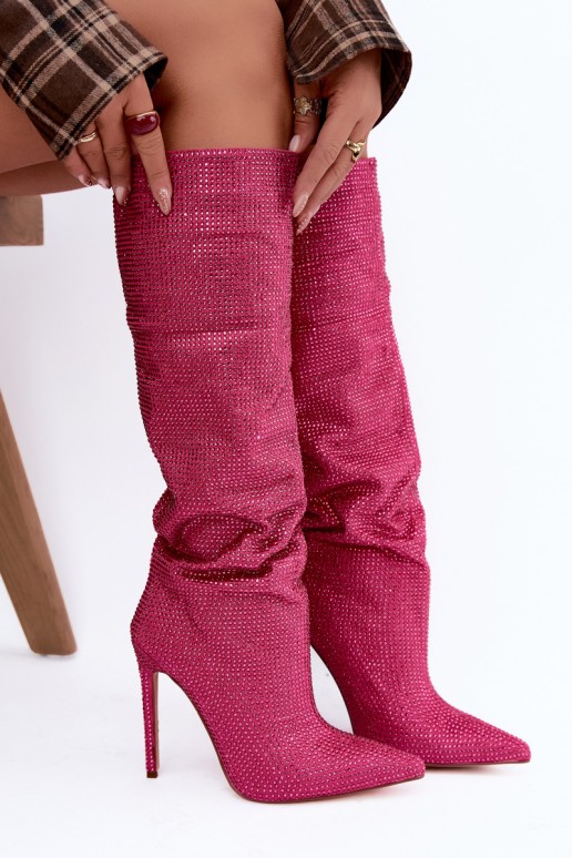 stivali alti con tacchi sottili e occhielli scintillanti in colore rosa Lovisa