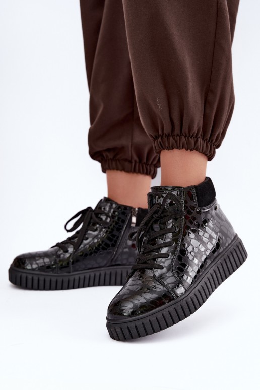 Stivaletti neri isolati per donna con lacci in pelle naturale con stampa Lee Cooper LCJ-26-01-4634