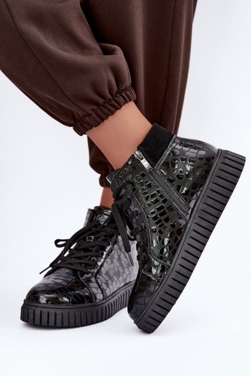 Stivaletti neri isolati per donna con lacci in pelle naturale con stampa Lee Cooper LCJ-26-01-4634