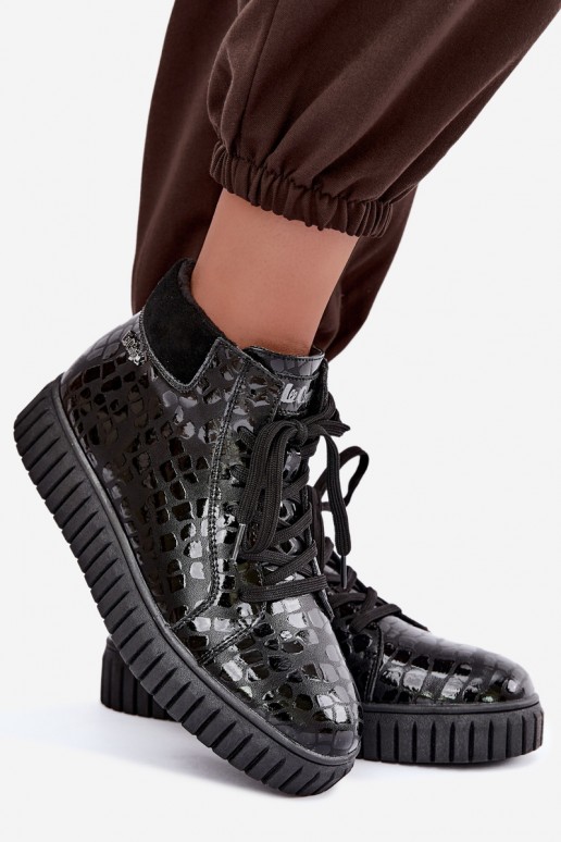 Stivaletti neri isolati per donna con lacci in pelle naturale con stampa Lee Cooper LCJ-26-01-4634