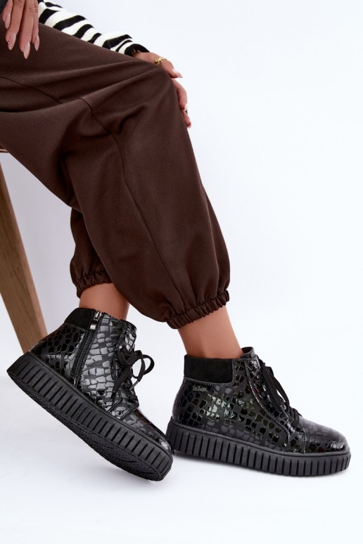 Stivaletti neri isolati per donna con lacci in pelle naturale con stampa Lee Cooper LCJ-26-01-4634