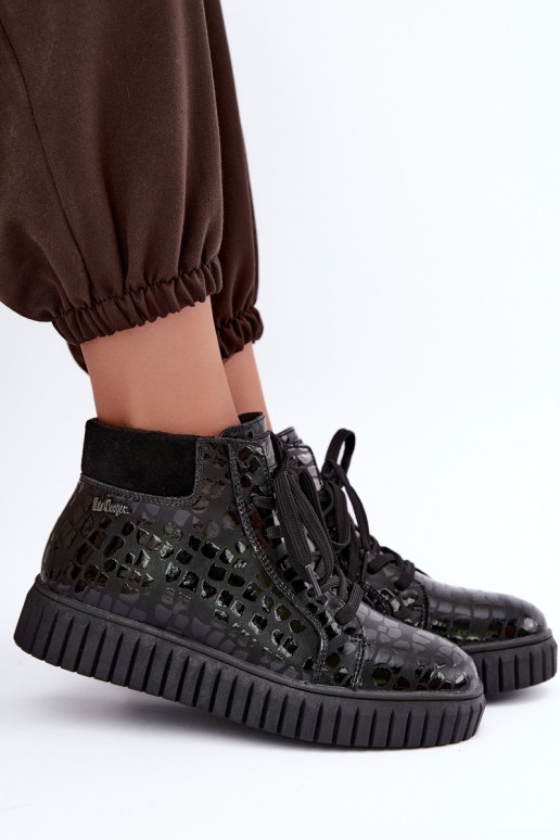 Stivaletti neri isolati per donna con lacci in pelle naturale con stampa Lee Cooper LCJ-26-01-4634