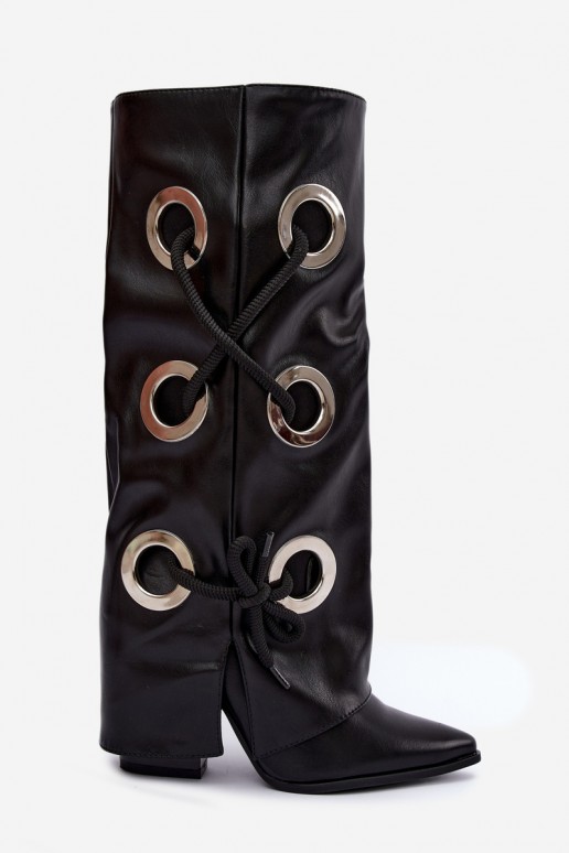stivali alti con gambale allacciato e lacci decorativi in colore nero Pamina