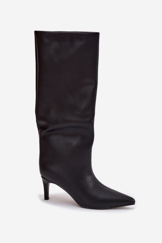 Stivali alti da donna slip-on riscaldati con tacchi sottili, neri, Olivienne