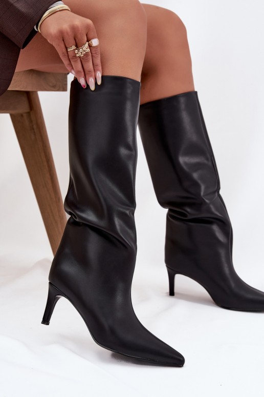 Stivali alti da donna slip-on riscaldati con tacchi sottili, neri, Olivienne