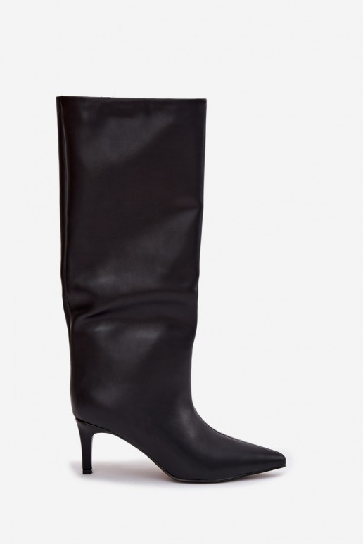Stivali alti da donna slip-on riscaldati con tacchi sottili, neri, Olivienne
