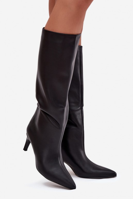 Stivali alti da donna slip-on riscaldati con tacchi sottili, neri, Olivienne