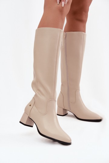 Stivali beige imbottiti da donna sopra il ginocchio in pelle con tacchi 2