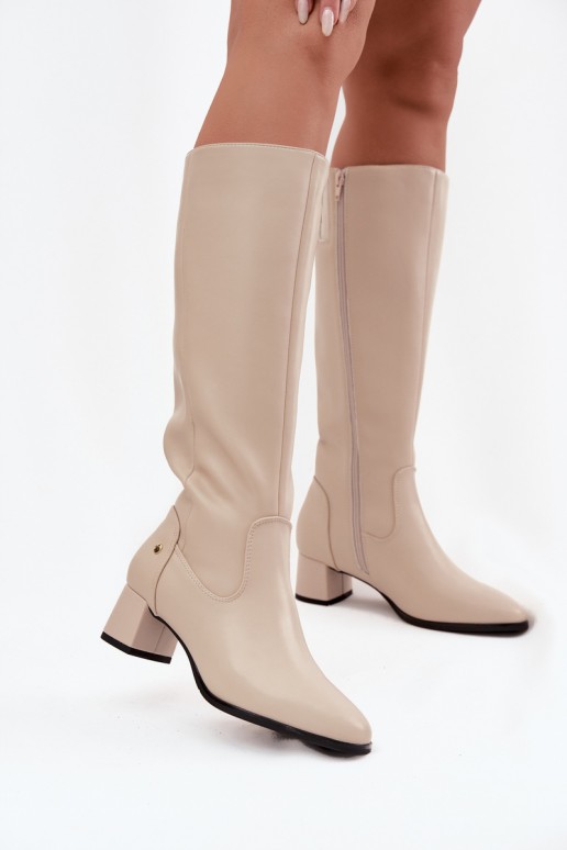 Stivali beige imbottiti da donna sopra il ginocchio in pelle con tacchi