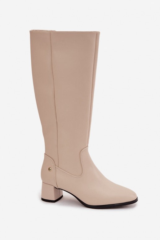 Stivali beige imbottiti da donna sopra il ginocchio in pelle con tacchi