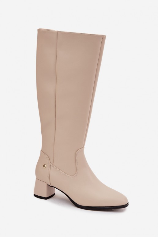 Stivali beige imbottiti da donna sopra il ginocchio in pelle con tacchi