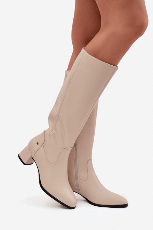Stivali beige imbottiti da donna sopra il ginocchio in pelle con tacchi