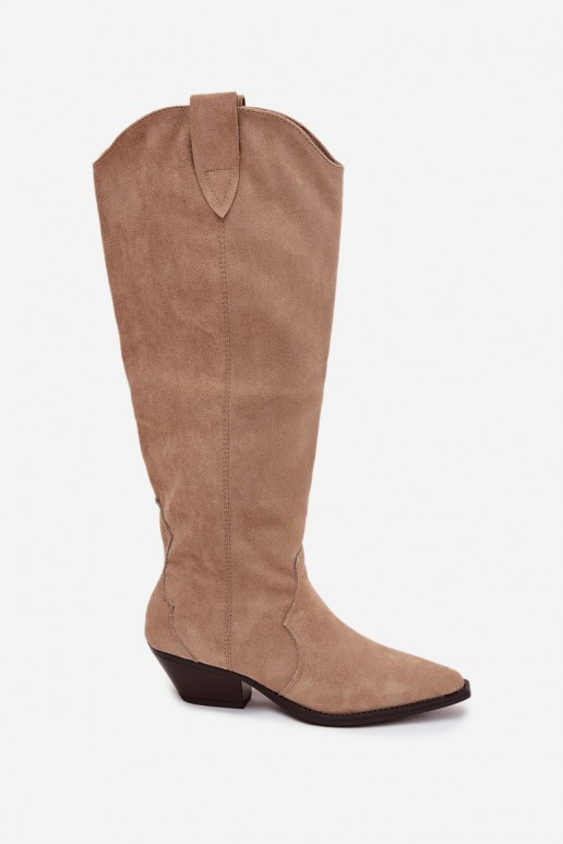 Stivali lunghi cowboy imbottiti con tacco in suede sintetico color sabbia Jovianne